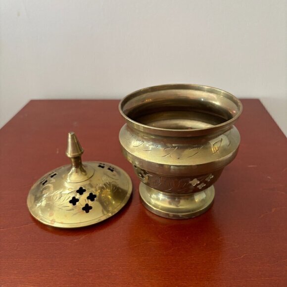 Brass Incense Holder Burner Etched 2 Piece India Meditation Vintage - Picture 2 of 8